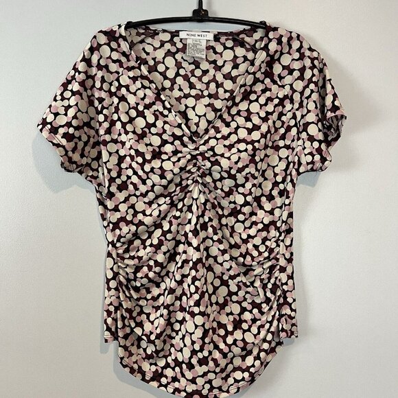 Nine West Y2K Purple Polka Dot Blouse Gathered Bodice Size Large - Picture 14 of 14